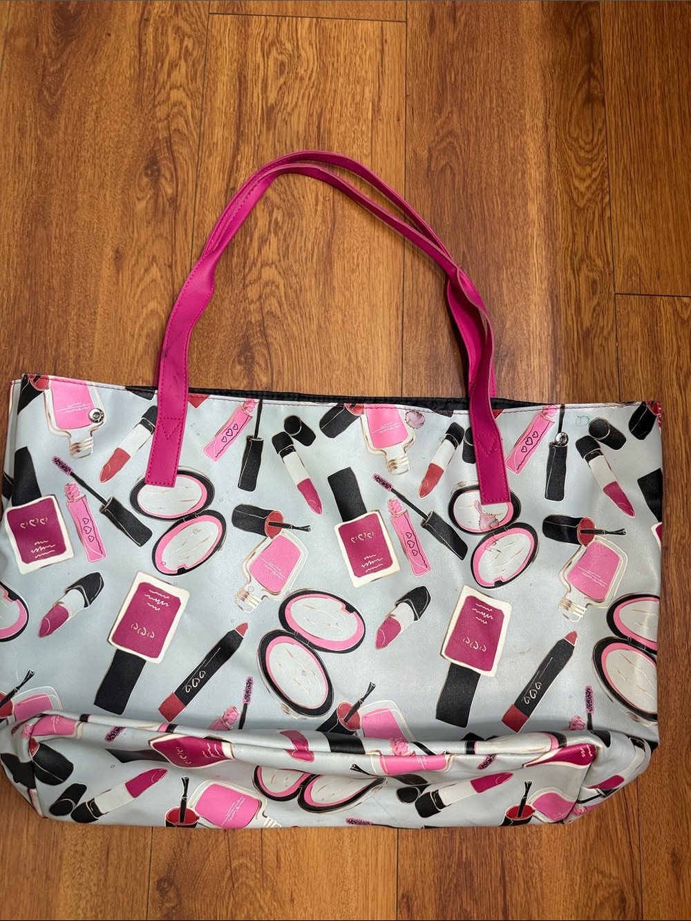 Cosmetics-Print Tote Bag with Pink Accents